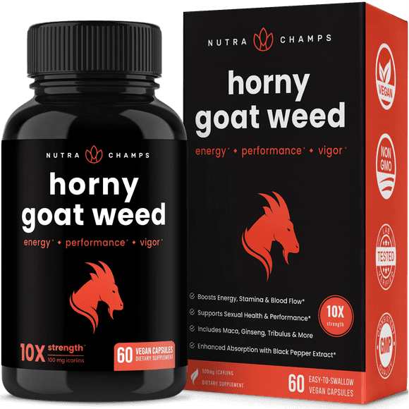 NutraChamps Horny Goat Weed for Men & Women | 1000mg Epimedium Energy Supplement | 10X Strength Icariin | Ginseng, Tribulus & Maca Pills for Women & Men | 60 Vegan Capsules