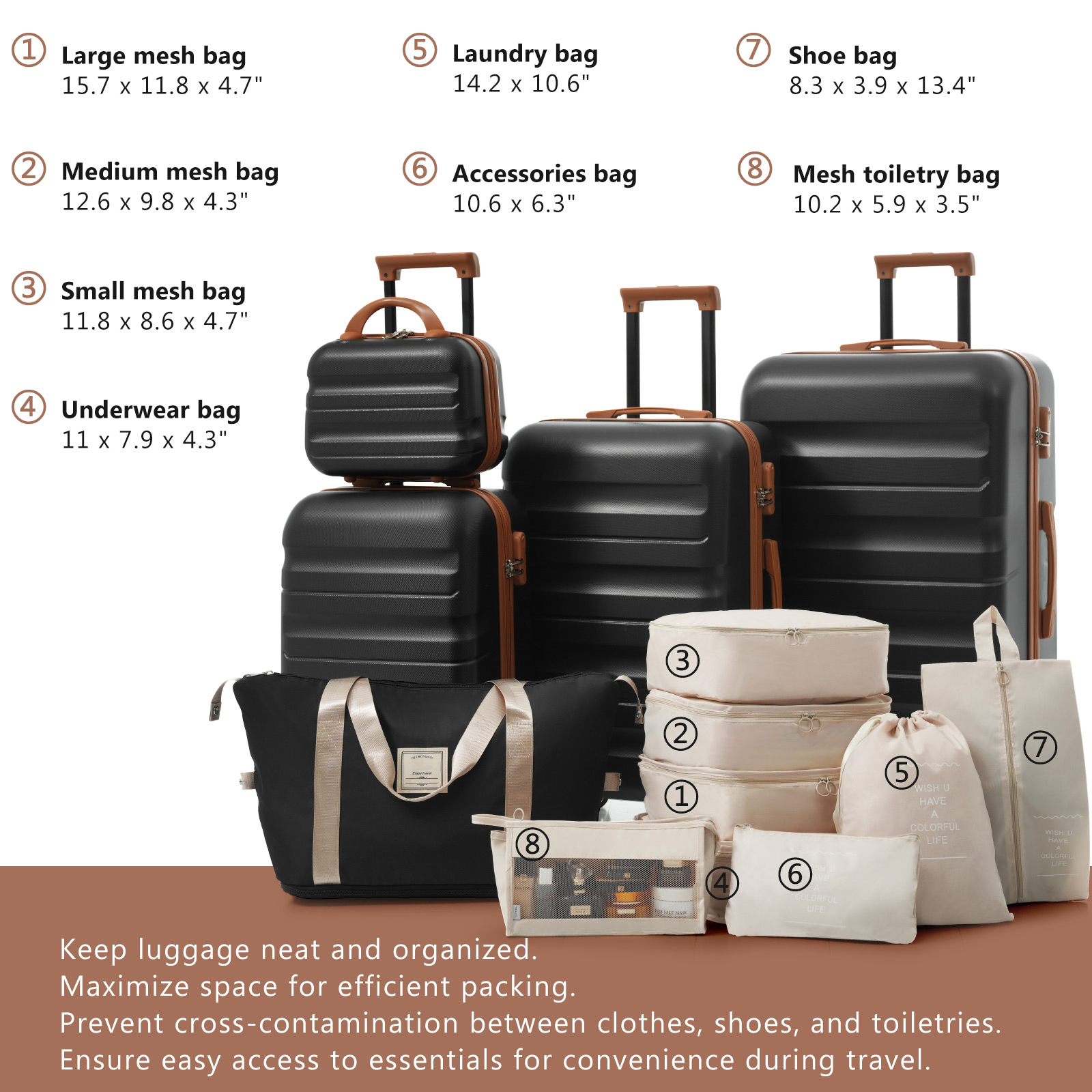 Euroco 13 Piece Luggage Sets ,Lightweight & Durable Suitcases with Spinner Wheels,ABS Hardshell Carry-On & Check-In Sizes for Family Travel,Black