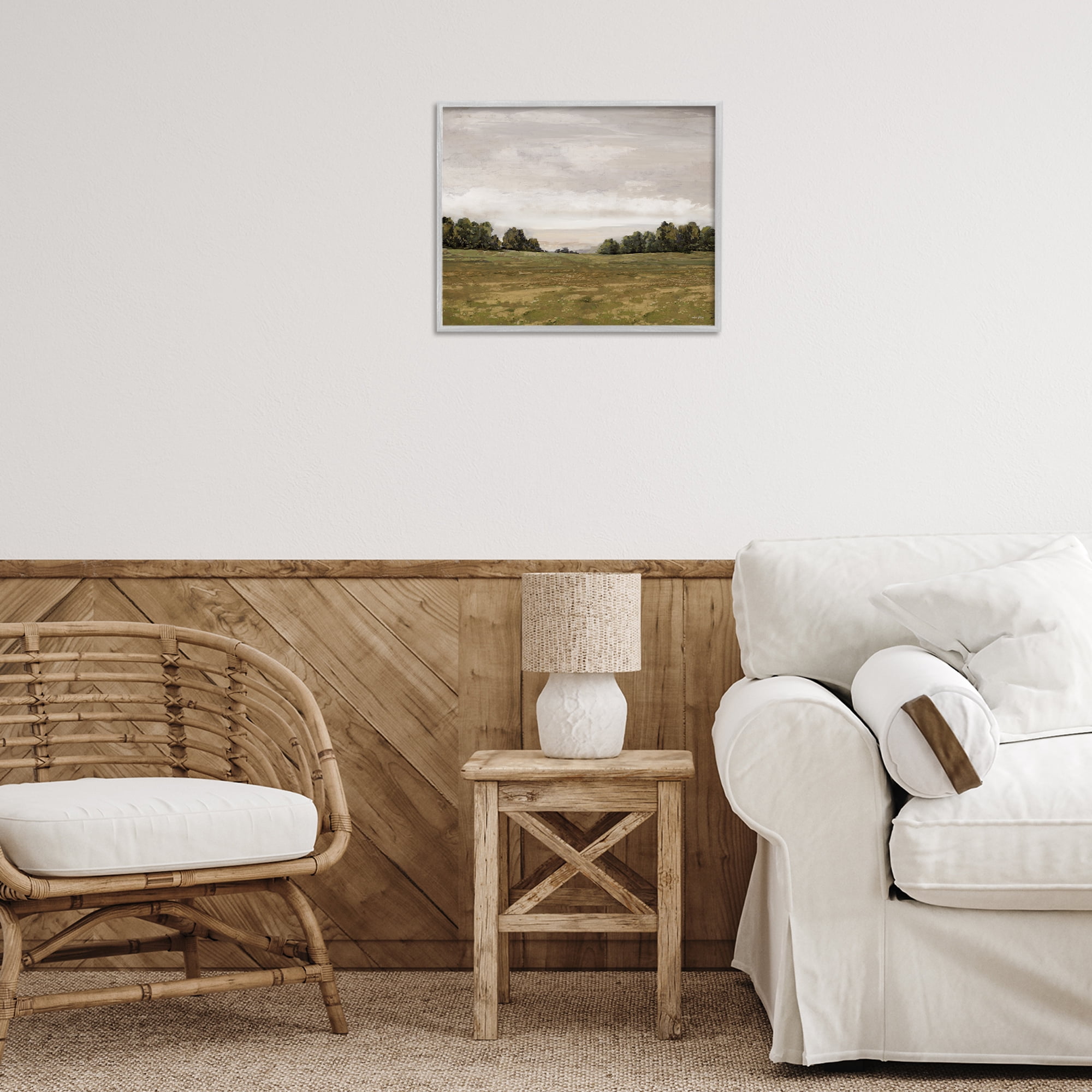Stupell Industries Distant Trees Grassland Landscape Painting Gray Framed Art Print Wall Art, 20 x 16