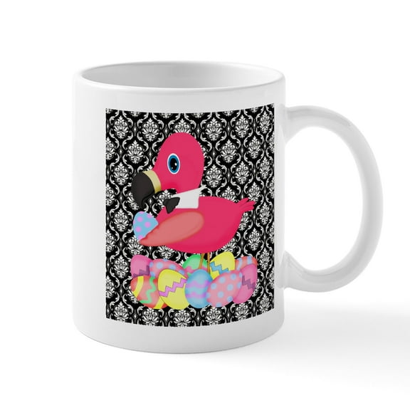 CafePress - Easter Pink Flamingo On Black Damask Mugs - 11 oz Ceramic Mug - Novelty Coffee Tea Cup