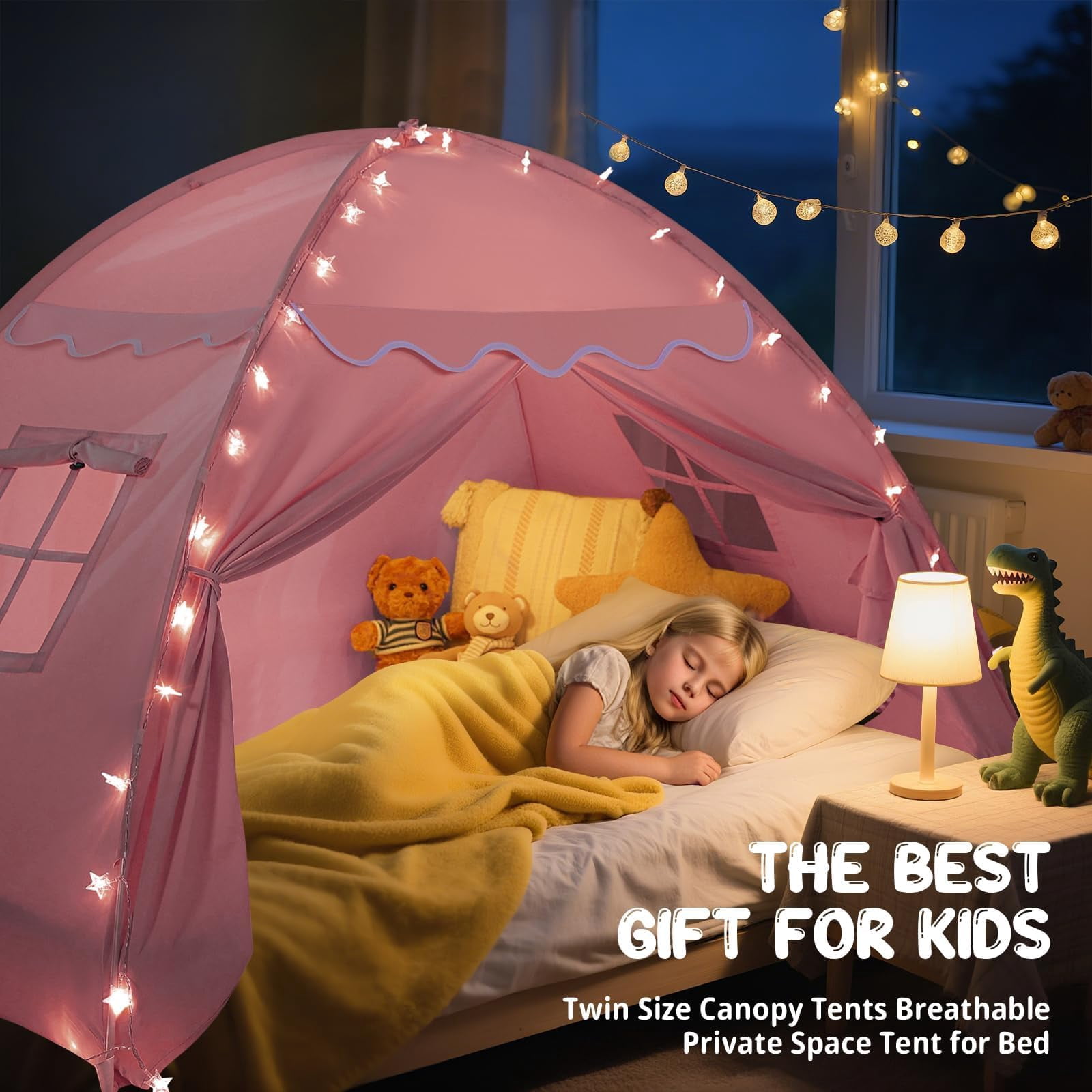 Bed Tent Canopy: Lights & Flags Indoor Play -bed Teepee Tents - Girls&boys Playhouse Space Sleeping Gifts (twin Pink)