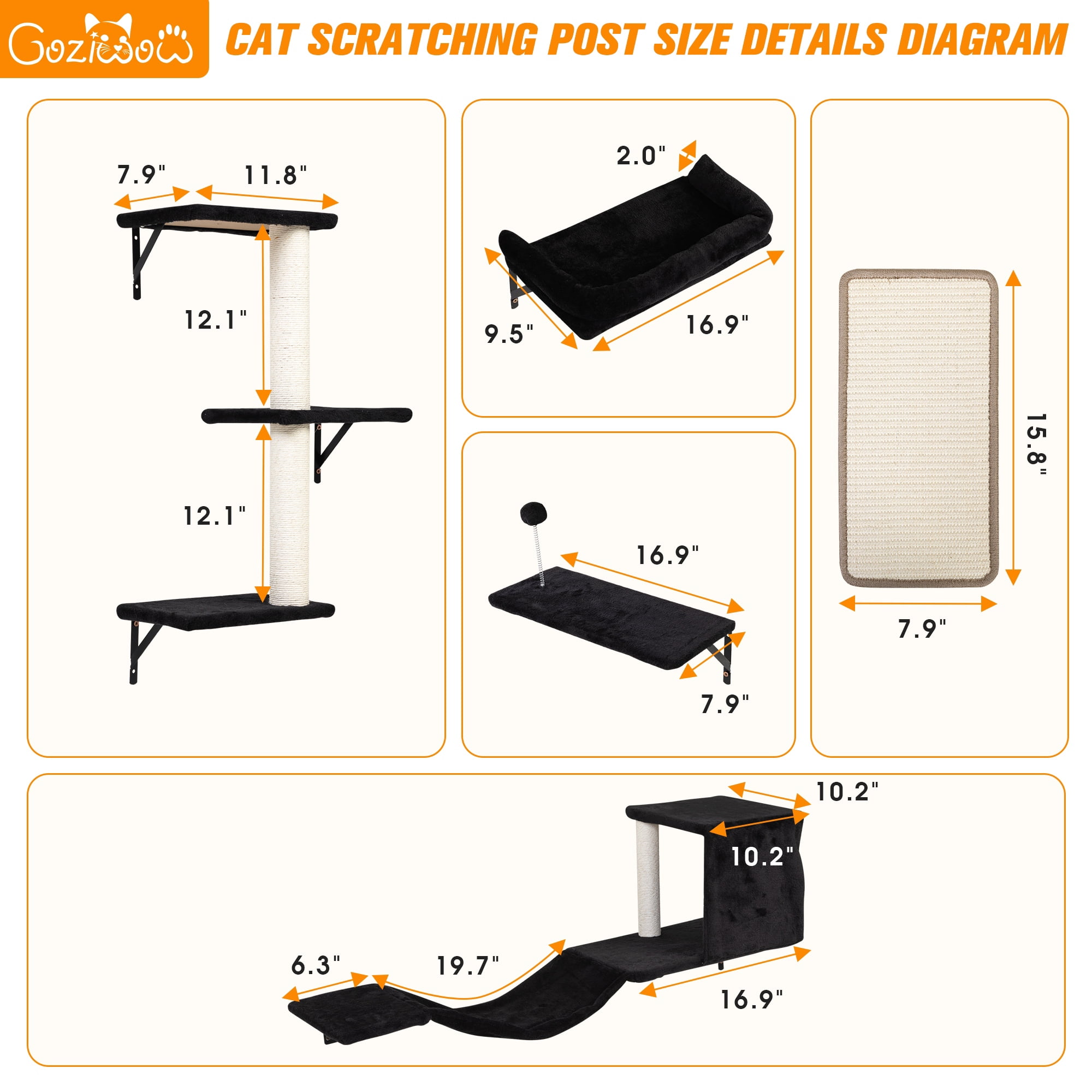 COZIWOW Wall Mounted Cat Furniture, Cat Wall Shelves and Perches, Floating Cat Shelves for Wall Set of 5, BBlack