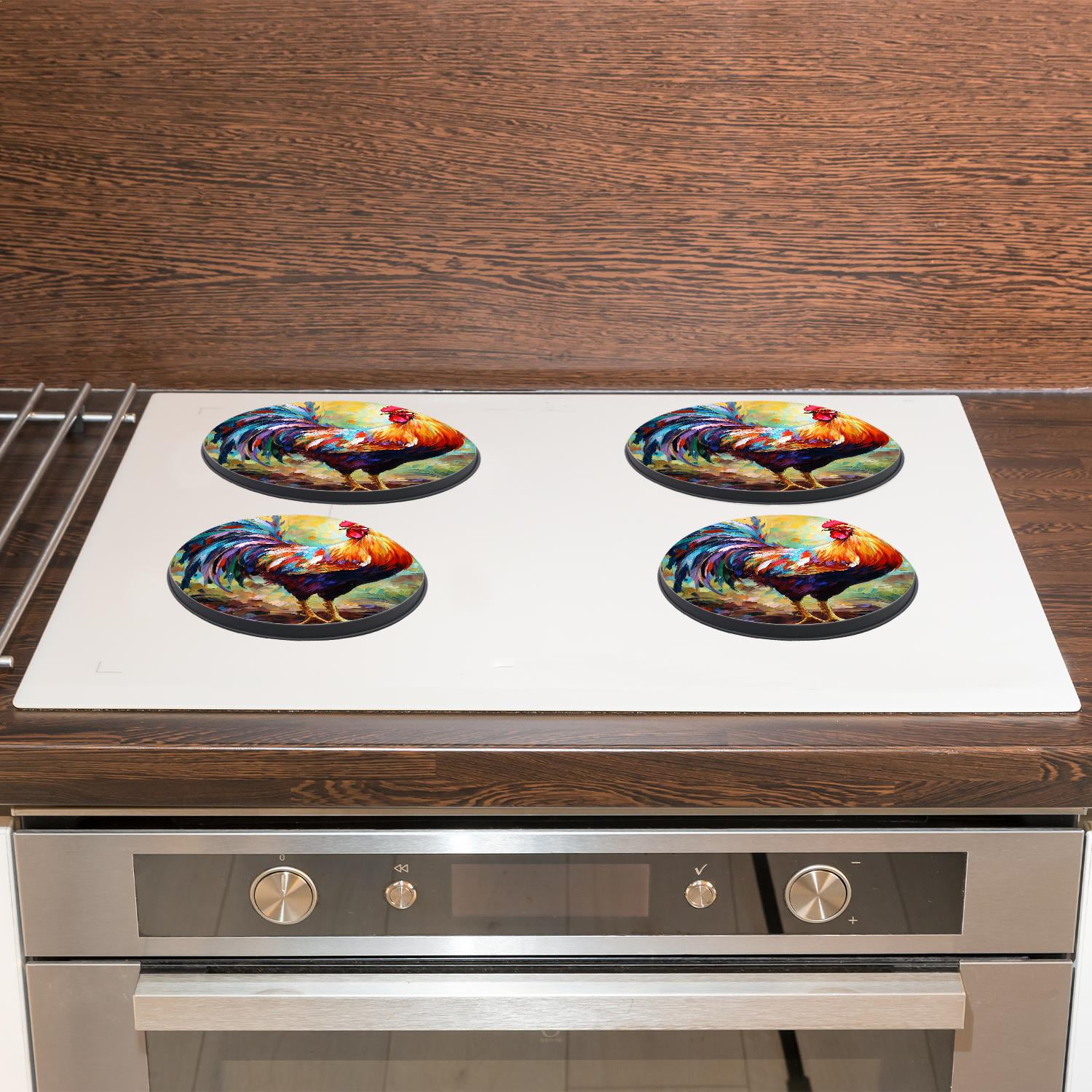 Metal Stove Burner Covers 4 Pcs Decorative Gas Stove Burner Cover 8Inch And 10Inch ,Rooster Art Oil Painting Graceful Drawing, for Home Decor Cooktop Decorative