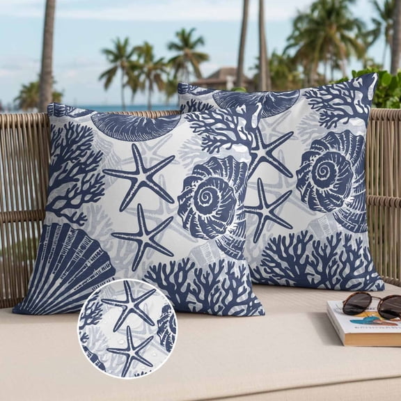 Navy Coastal Outdoor Waterproof Throw Pillow Covers Set of 2, 16"x16", Beach Starfish Nautical Coral Shell Summer Decorative Pillow Covers Outside Cushion Case for Patio Porch Garden