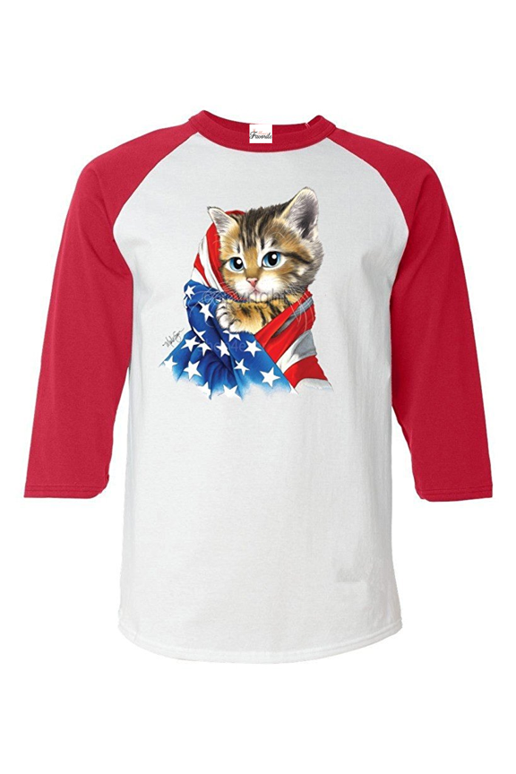 MmF - Mens Raglan Sleeve Baseball T-Shirts, up to Size 3XL - American Flag Cat