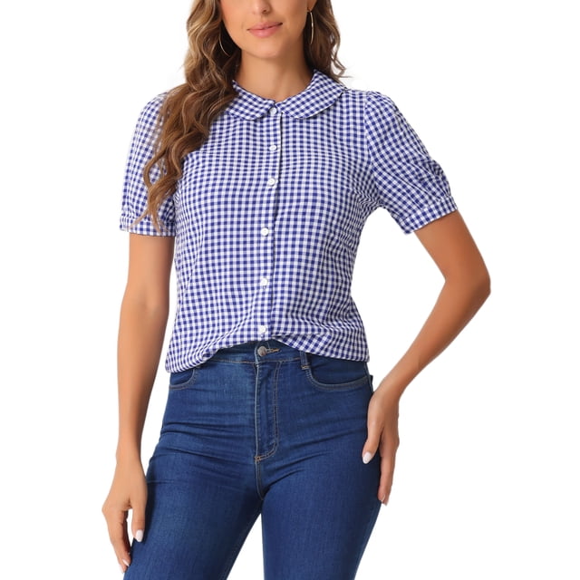 Camisa de cuadros para mujer INSPIRE CHIC con cuello Peter Pan, mangas cortas abullonadas, blusa de botones a cuadros XL azul