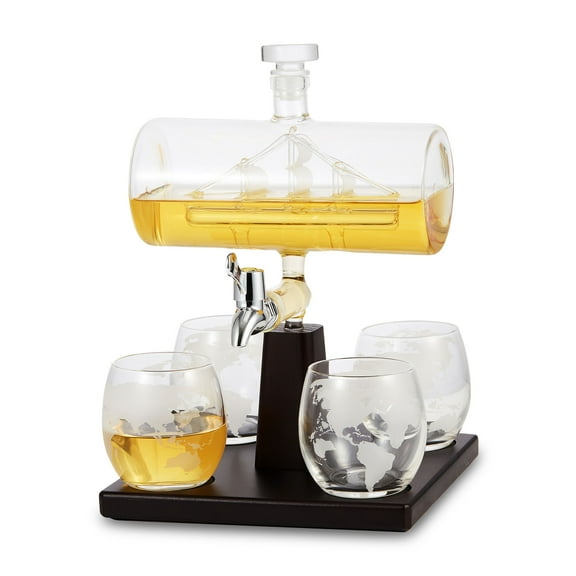 Berkware Decanter with Interior Hand-Crafted Ship-in-a-Bottle Design - with 4 Globe Glasses