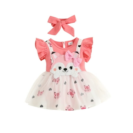 

Awoscut 0-18M Easter Infant Baby Girls Dress Set Fly Sleeve Crew Neck Cartoon Fox Tulle A-line Dress with Headband
