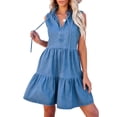 thumbnail image 1 of VISgogo, vestido vaquero a la moda de verano para mujer, vestido corto sin mangas con tiras y cuello en V de Color sólido, vestido corto informal holgado acampanado VISgogo moda, 1 of 9