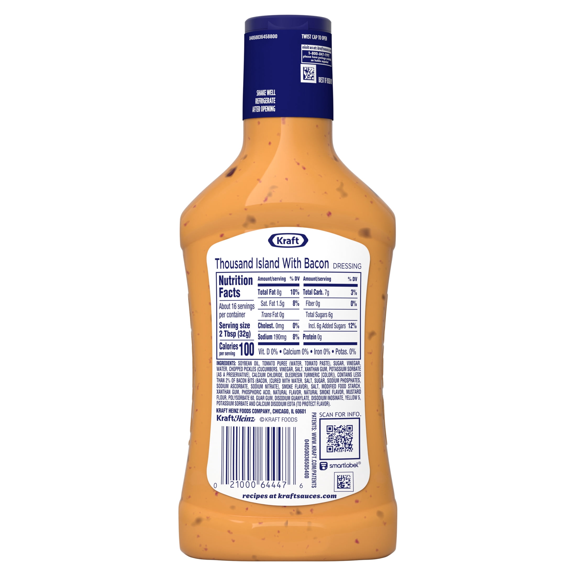 (6 pack) Kraft Thousand Island Dressing with Bacon, 16 fl oz Bottle