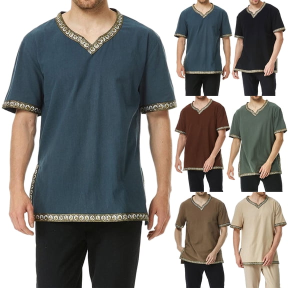 V Neck Medieval Peasant Tunic, V Neck Medieval Renaissance Tunic Top, Decorative Trim Short Sleeve Viking Peasant Cosplay Shirt for Adult Larp Halloween Party,Earth Tone Casual Historical Top, Navy L