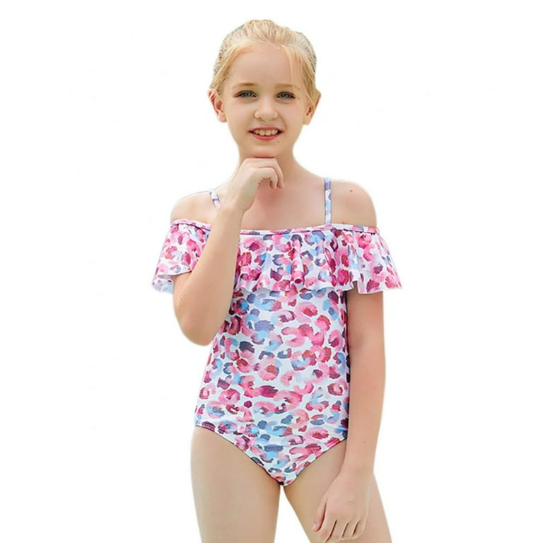 Xinhuaya 7-11T Girls Ruffled Swimsuits Breathable One Piece Off Shoulder  Bathing Suits for Kids Quick Dry Summer Beach Swimwear Print Princess