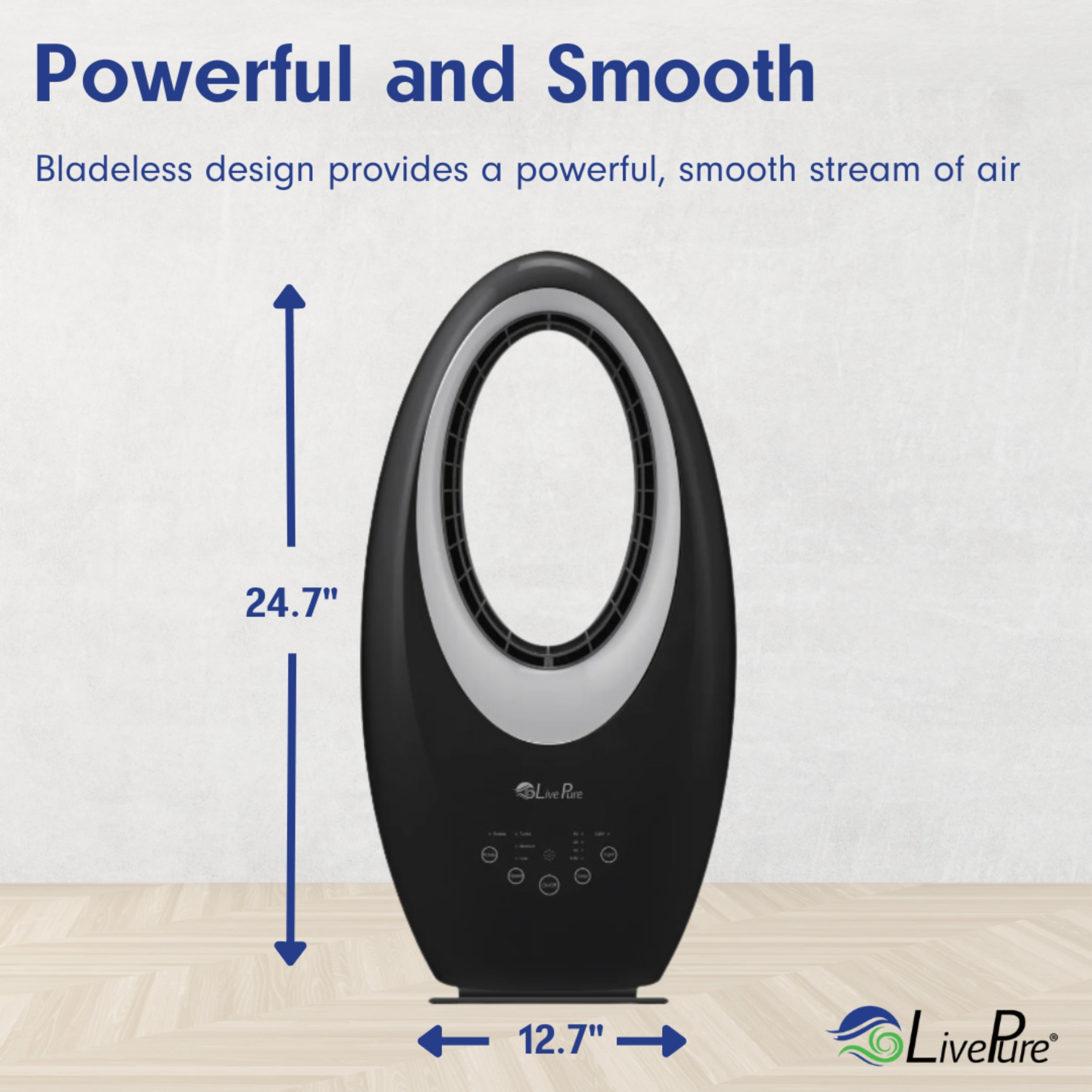 LivePure Bladeless Oscillating Fan w/Filter and Aroma Tray. 3-Speed Adjustment, Touch Control, Quiet Cooling, Stand Up Fan for Bedroom, Office, Kitchen, Black