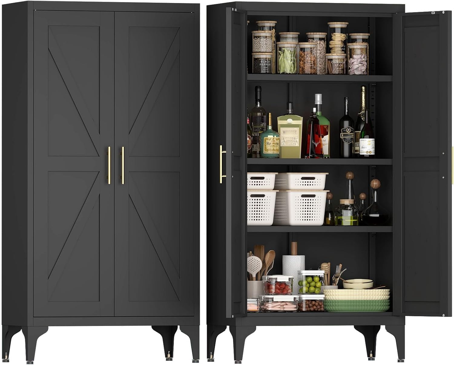 Howcool 48" 2-Door Steel Storage Cabinet with Adjustable Shelves for Kitchen Living Room Office, Black