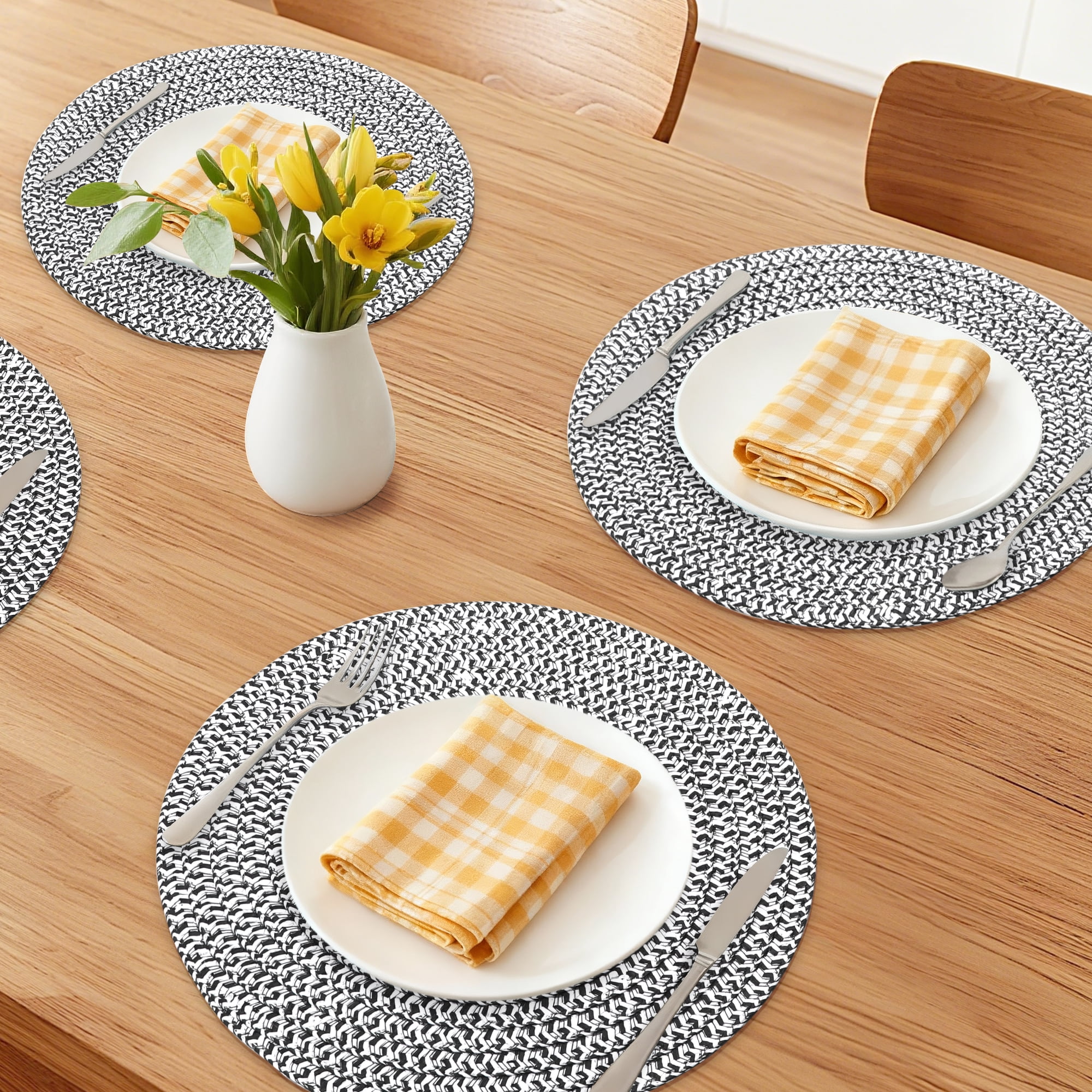 Unique Bargains Round Placemats Set of 6 Woven Placemats for Home Black