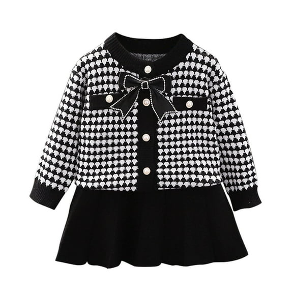 Odeerbi Kids Girls Fall Winter Outfits Knitting Cardigan Sweater with Pleated Skirt Set 1-8 Years Kids Long Sleeve Tie Button Jacket Short Skirt Two Piece Set Kids Clothes Black