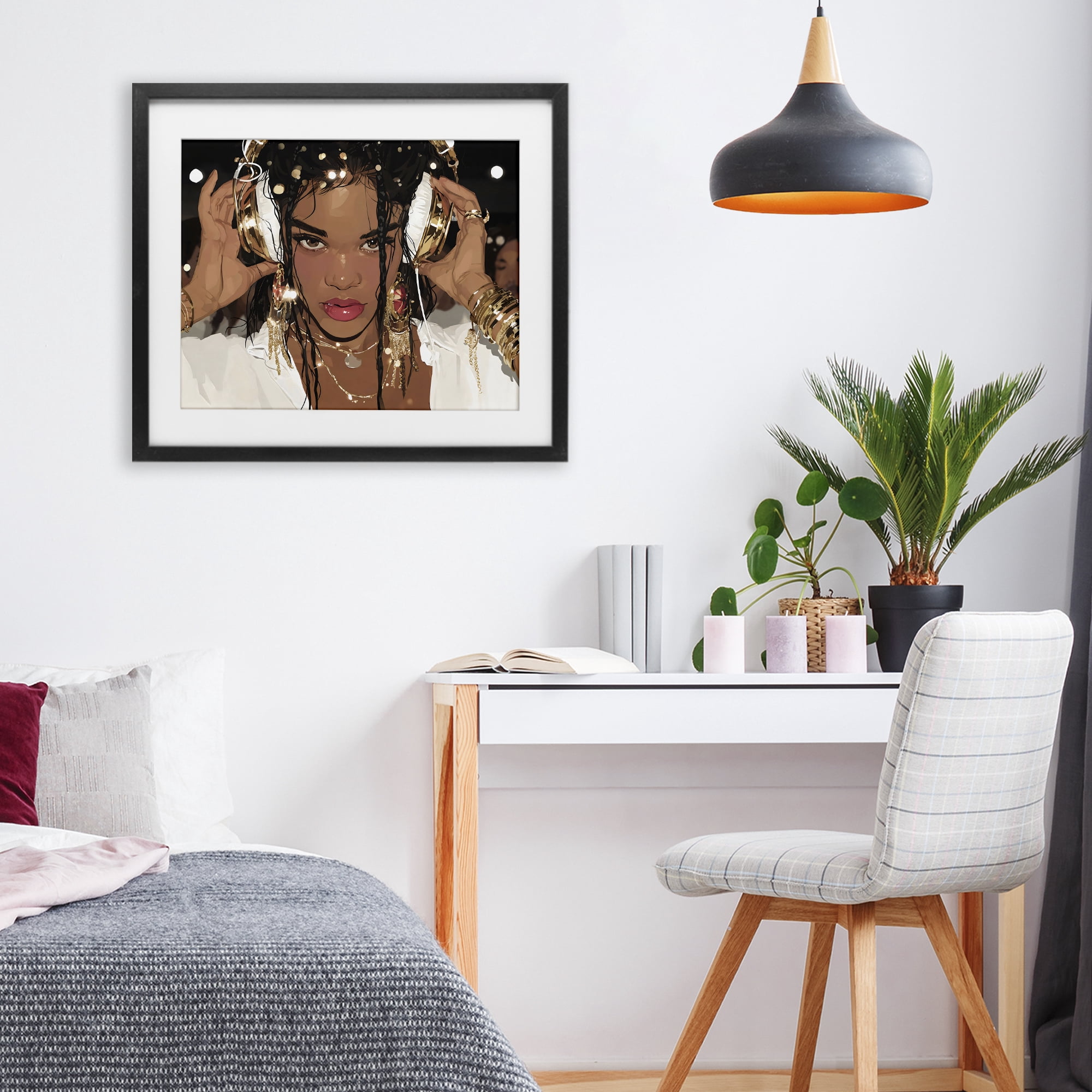 Stupell Industries Gold Headphones Glam Female Black Framed Print Under Glass, design by Franklyn Gregory