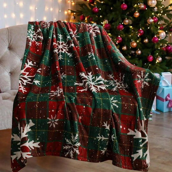 Christmas Plaid Throw Blanket Red Green Plaid Flannel Fleece Tartan Blanket 50" x 60" Soft Warm Winter Snowflake Blankets for Bed Couch Decor