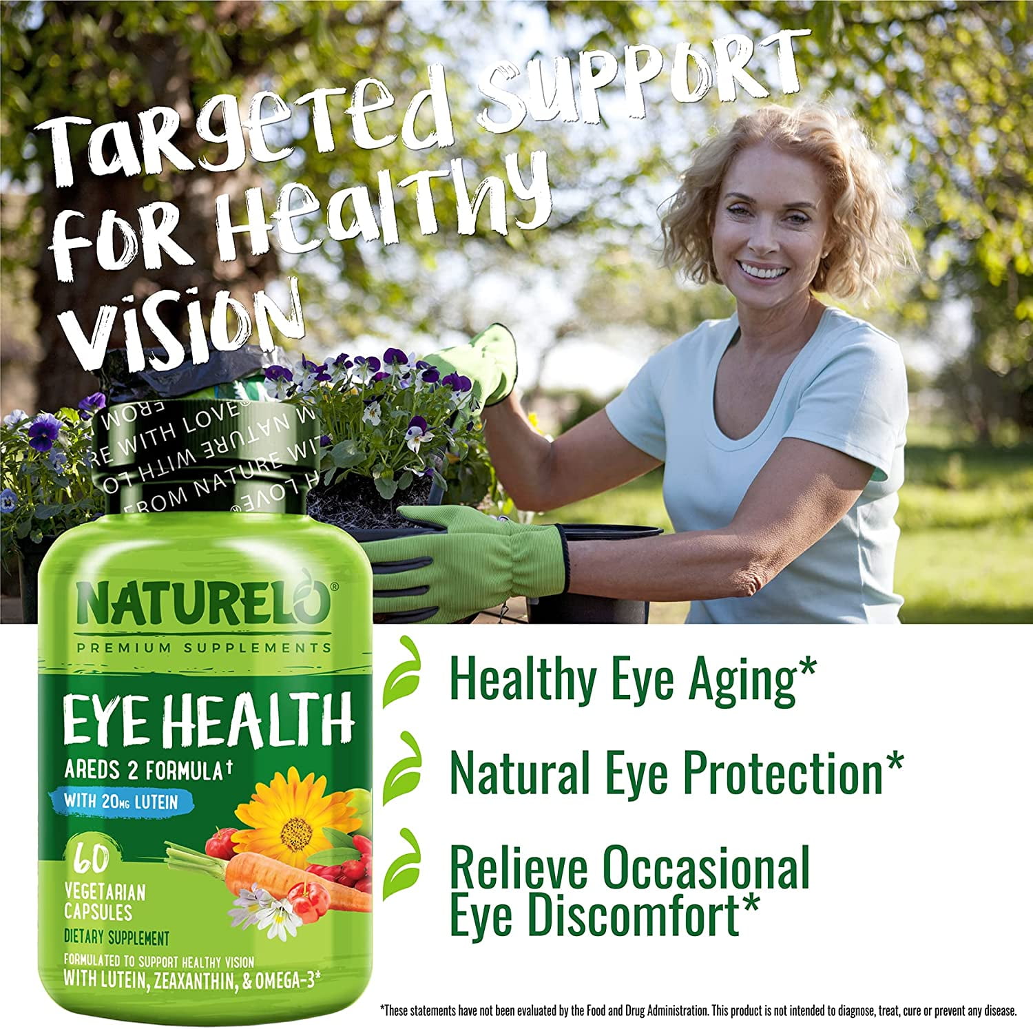 NATURELO Eye Vitamins - AREDS 2 Formula Nutrients with Lutein, Zeaxanthin, Vitamin C, E, Zinc, Plus DHA - Supplement for Dry Eyes, Healthy Vision, Eye Support - 60 Vegan Capsules