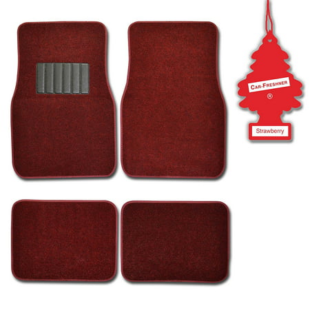 Burgundy 4 Pc Universal Carpet Car Mats w/ Heel Pad + Little Tree Strawberry, Protects against spills, stains, dirt and debris. By