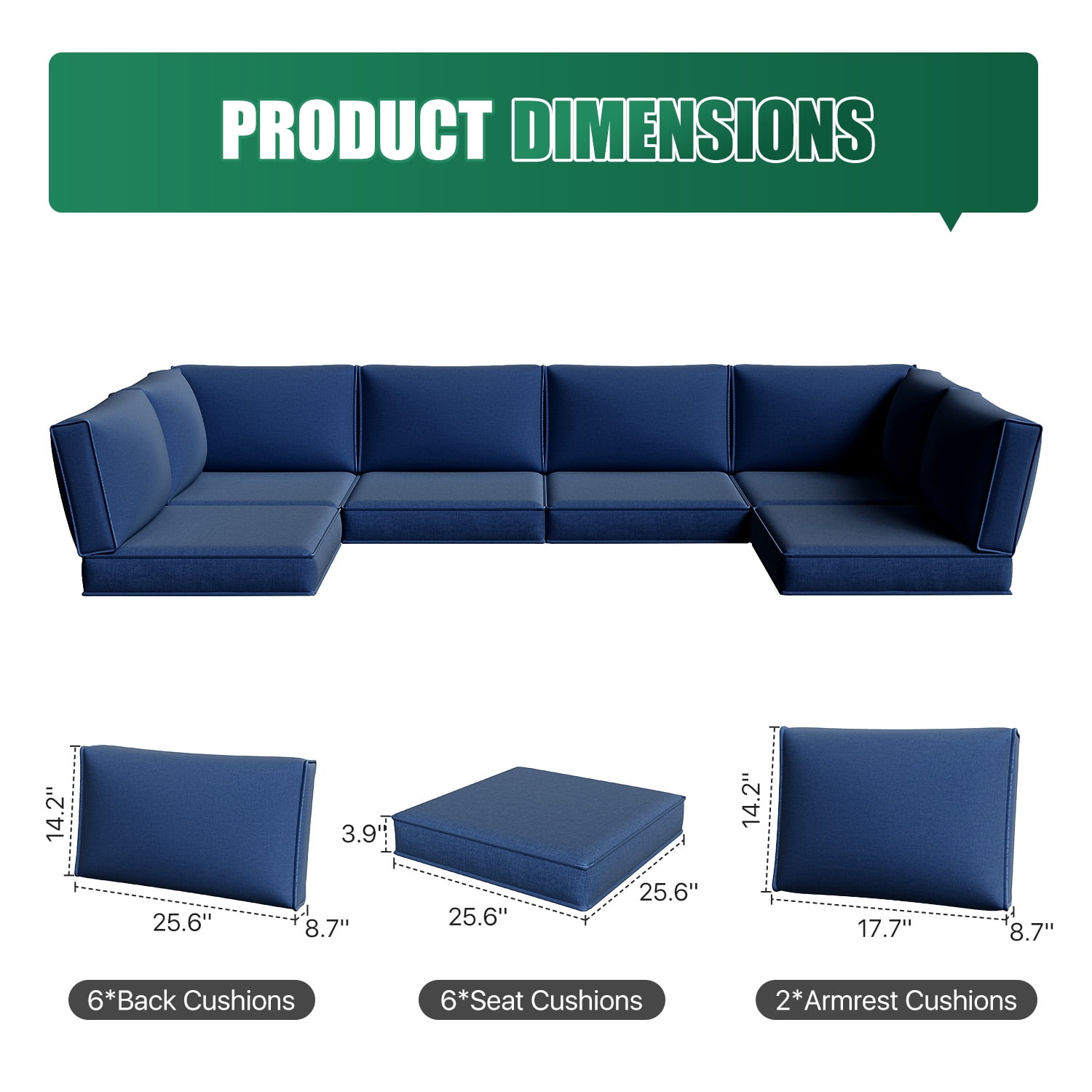 Clouddwell 14-Piece Outdoor Cushion Set for 6-Seat Wicker Sectional - Waterproof, High-Resilience Foam (Navy Blue)