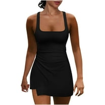 Lenpel Women's Tennis Dress with Built in Shorts Spaghetti Strap Square Neck Side Split Active Sleeveless Jumpsuits Athletic Short Rompers