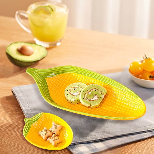 BKER Handpainted Ceramic Corn Cob Dishes Family Sized Plates Microwave Dishwasher Shape