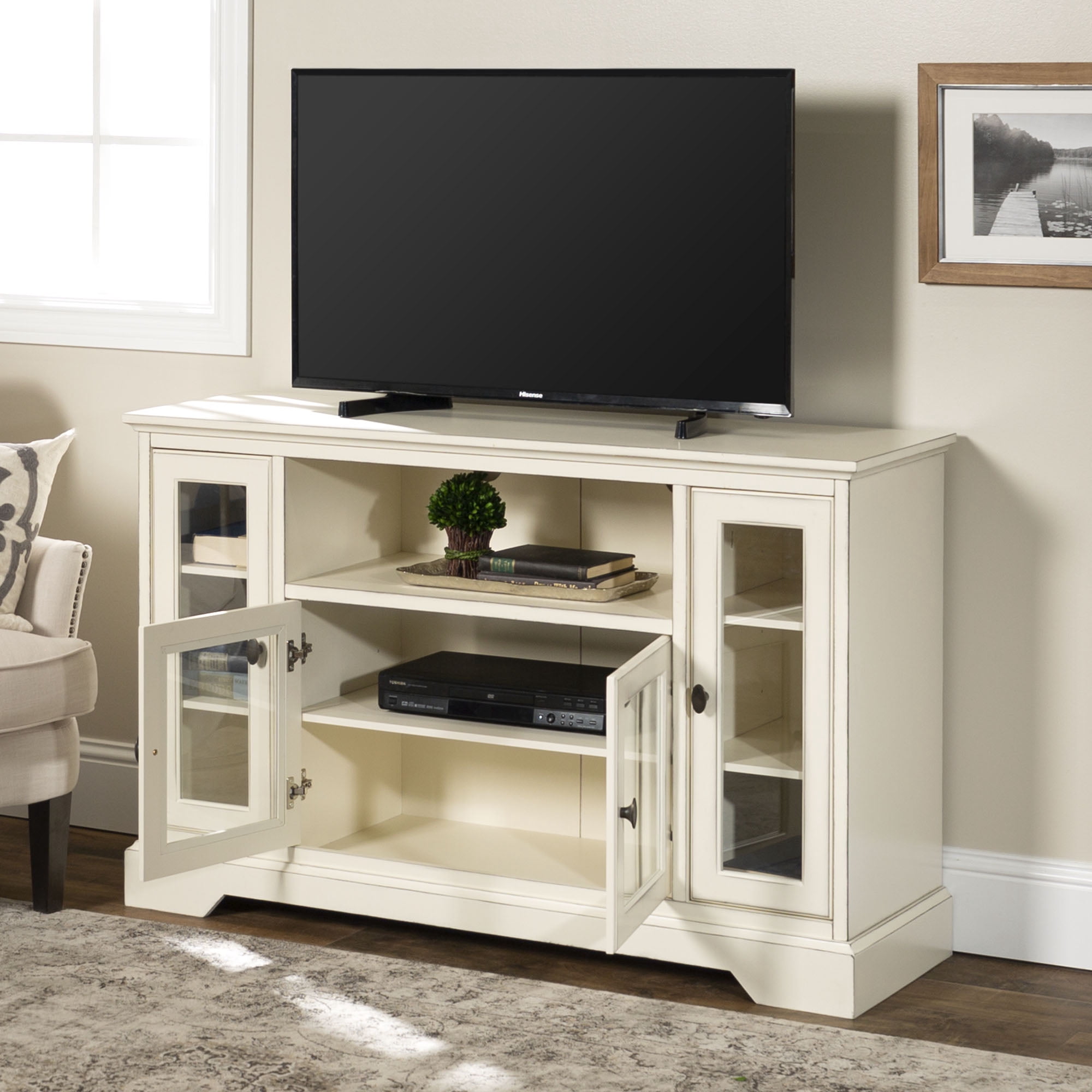 Highboy-Style Wood Media Storage Antique White TV Stand by Manor Park