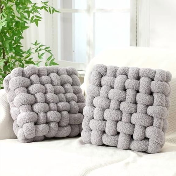 2 Pcs Knot Pillows Square Knotted Plush Throws Soft Accent Pillows Decoration Cushion for Couch Home Office Living Room Bedroom Bed Sofa Decor, 12'' x 13''(Light Gray,Lambswool)
