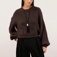 thumbnail image 2 of Edvintorg Pullover Sweaters for Women Solid Color Crew Neck Cropped Sweater Long Sleeve Loose Pullover Top Clothes Women Coffee M, 2 of 7