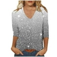 thumbnail image 2 of JTZGDY Sequin Tops for Women Plus Size 3/4 Sleeves Glitter Sparkly Printed Sexy V Neck Basic T-Shirts Dressy Casual Summer Oversized Tunic Blouse Multicolor#09 XL, 2 of 6