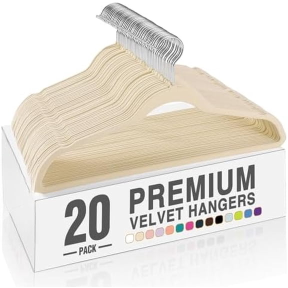 Beige Velvet Hangers 20 Pack, Non Slip Clothes Felt Hanger Heavy Duty for Coat, Premium Slim Space Saving Suit Hangers for Closet Organizer, 360° Rotating Silver Hook