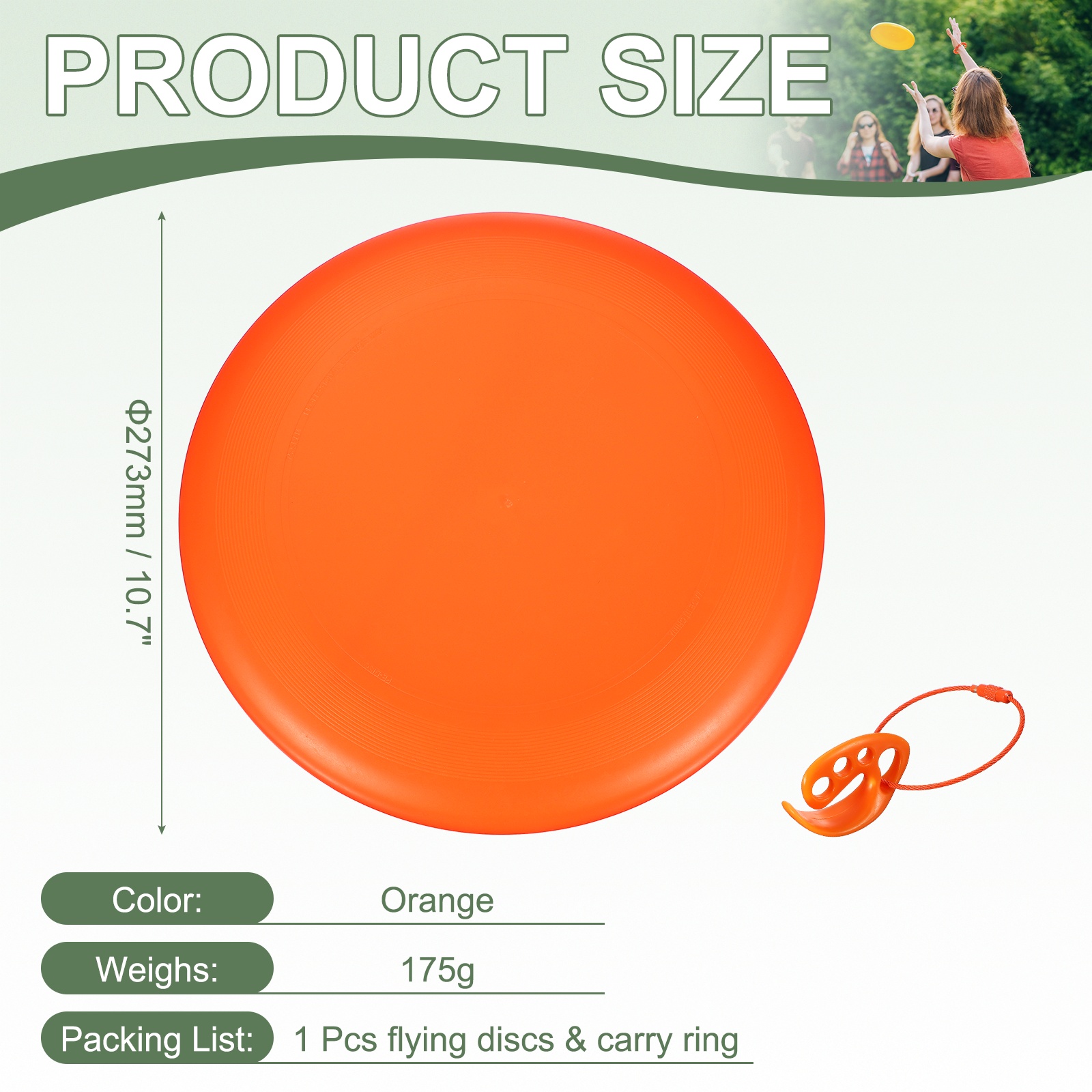 Flying Disc, Sports Flying Disc 10.7 inch & 175g & Plastic & Orange with Carry Ring - Fitting for (Outdoor/Beach/Camping/Park/Pet/Pro/Beginners)
