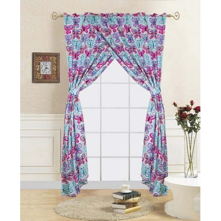 4 Pc Butterfly Blue Kids Bedroom Window Panel Pair Set Of Two Rod