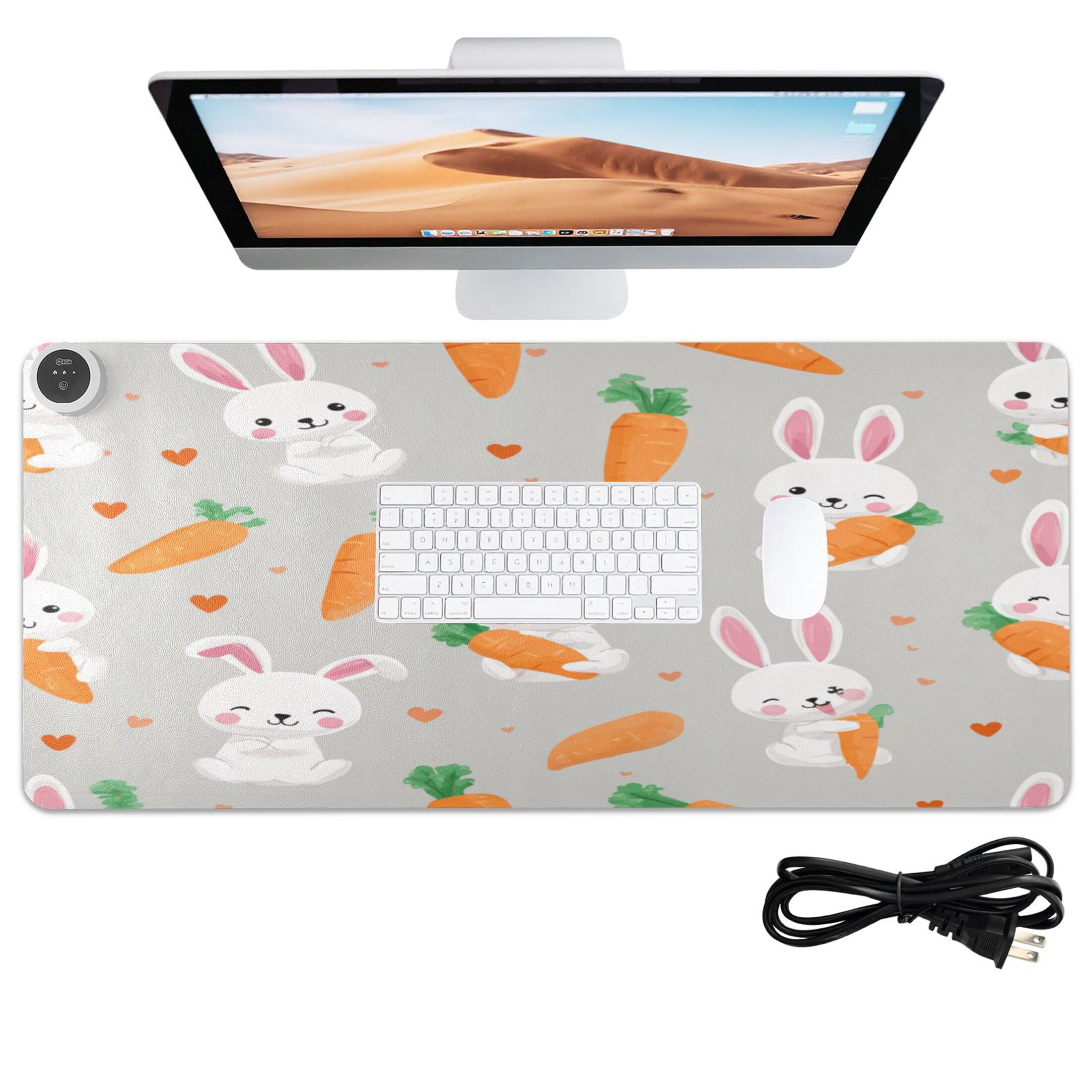 Large Heated Desk Mat Mouse Pad 31.5"x13"PU Leather Graphene Heating Desk Warmer with 3 Temperature Settings 110V US Plug Non-Slip Warm Pad for Home, Office, and Gaming Cute Bunny Carrot Print