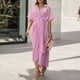 thumbnail image 3 of Gibobby Vestido largo de playa de verano para mujer Vestido de camisa con cinturón de manga corta de un solo pecho de color sólido elegante de verano para mujer(Rosa,M), 3 of 5