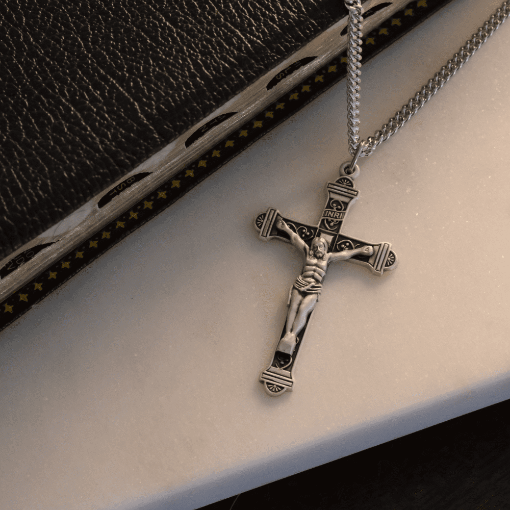 .925 Sterling Silver Crucifix Medal Pendant on 18 Inch Rhodium Plated Lite Curb Brass Chain -Catholic Religious Necklace Made in USA,Deluxe Velvet Gift Box