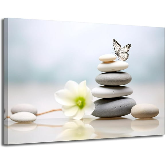 Zen Stone Canvas Wall Art Spa Stone with White Flower and Butterfly Picture Bathroom Wall Art Modern Spa Artwork for Spiritual Yoga Room Bedroom Picture Wall Decor