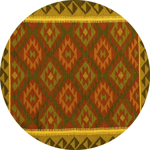 Ahgly Company Machine Washable Indoor Round Oriental Yellow Traditional Area Rugs, 8' Round