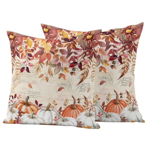 Outdoor Pillow Covers 26x26 Set of 2, Fall White Pumpkin Waterproof Patio Throw Pillow Covers for Couch Sofa Chair, Thanksgiving Orange Floral Leaves Decorative Pillowcases for Throw Pillows