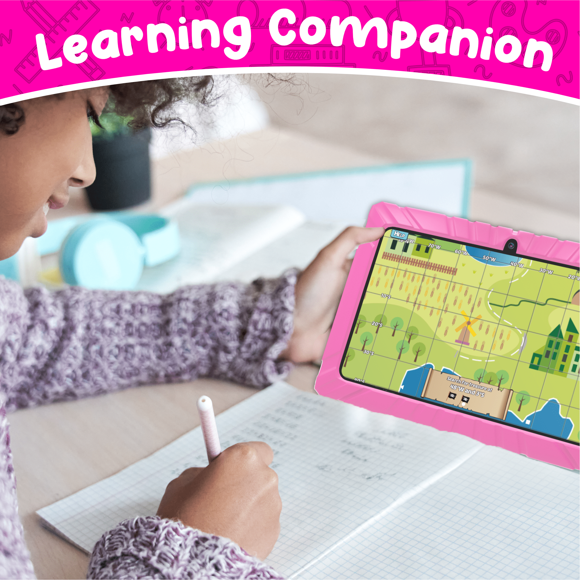 Contixo Kids Tablets Bundle, 7-Inch Educational Android Tablet and Wired Headphones for Kids Ages 3-7, Pink