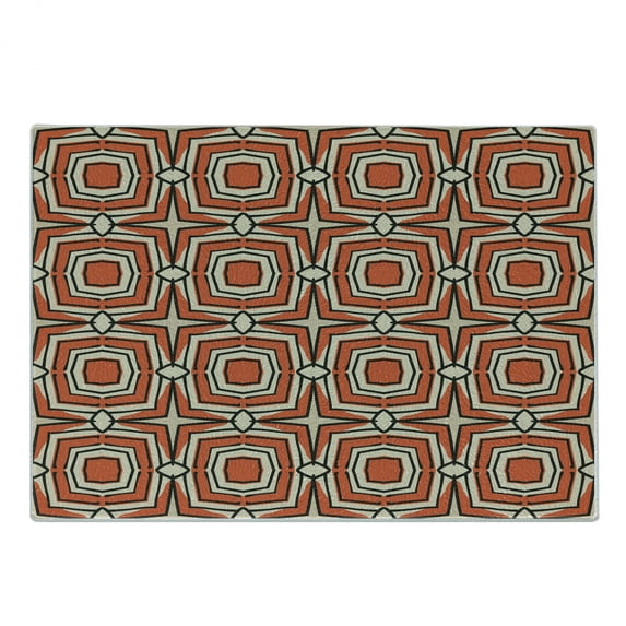 Geometric Cutting Board, Squares and Rhombuses with Bullseye Pattern Abstract Warm Colored Shapes, Decorative Tempered Glass Cutting and Serving Board, Small Size, Burnt Sienna Beige, by Ambesonne