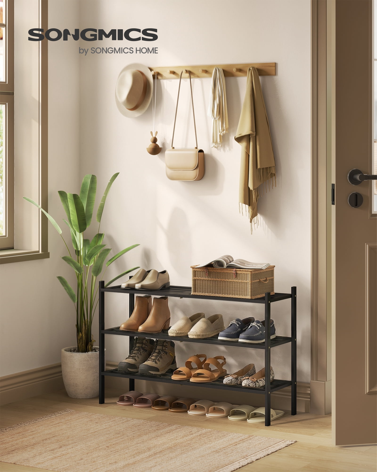 SONGMICS Bamboo Shoe Rack for Closet, Stackable Shoe Oragnizer, Space-Saving Freestanding Shelf, 3-Tier, Holds 12-16 Pairs, Ink Black
