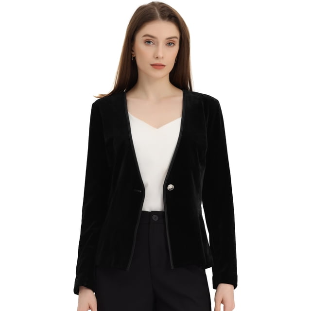 Blazer de Terciopelo con Un Botón Chaqueta de Manga Larga para Mujer Negro S