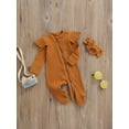 thumbnail image 3 of Cenuakty 2Pcs Unisex Baby Fall Set, Solid Color Ribbed Long Sleeves Zip-Up Footed Romper + Hairband for Girls, Boys, 0-6 Months, 3 of 8