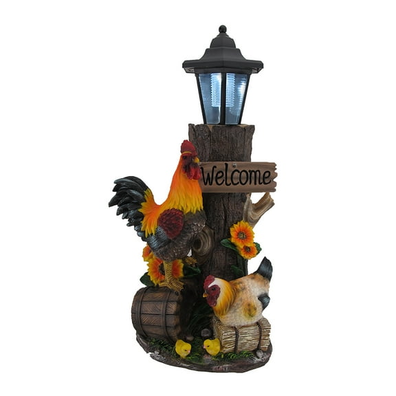 Zeckos Rooster Family Solar LED Lantern Statue and Welcome Sign