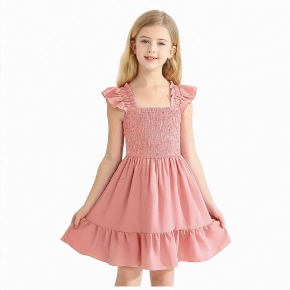 NOLDARES Girl's Dresses Cute Print Short Sleeve Casual Sundress for Girls 4-10 Years(Red,7-8 Years)