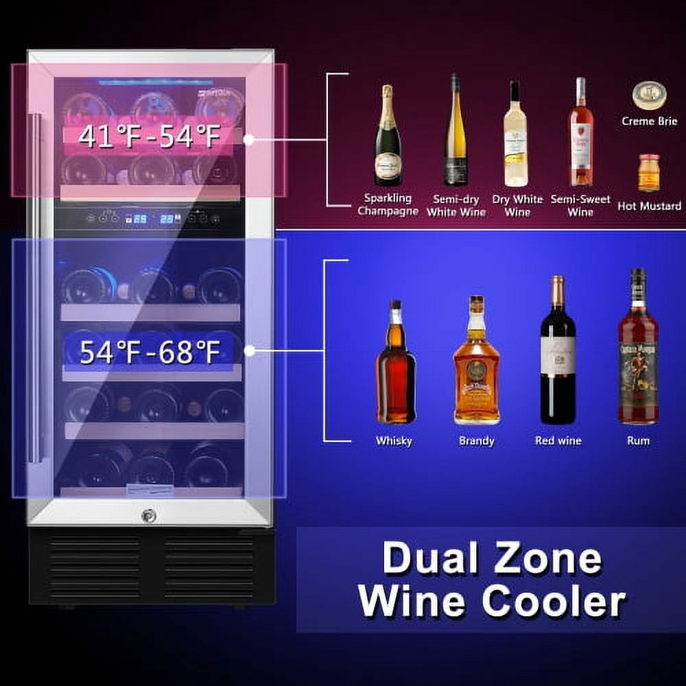 RIGO 15 Dual Zone Inch Wine Cooler Refrigerators 28 Bottle Fast Cooling Low Noise Wine Fridge with Professional Compressor Stainless Steel, Digital Temperature Control Screen Built-in or Freestandin