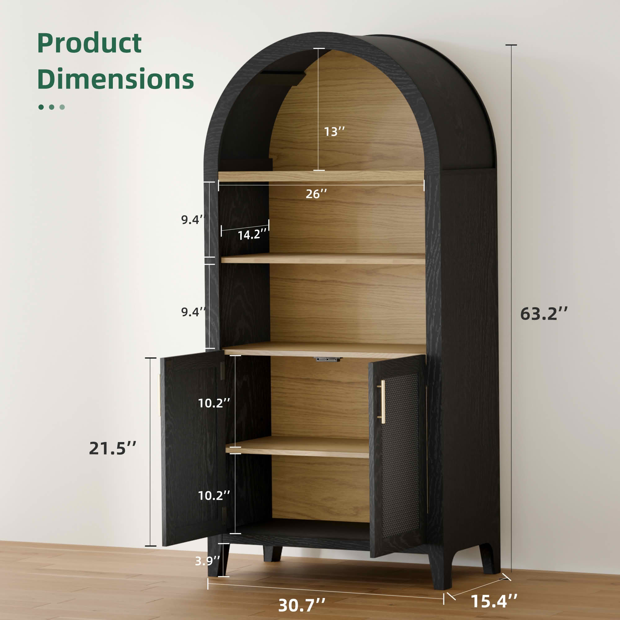 MAYEERTY 63" Arch Cabinet with Rattan Woven Doors Black Beech Wood, for Living Room Entryway
