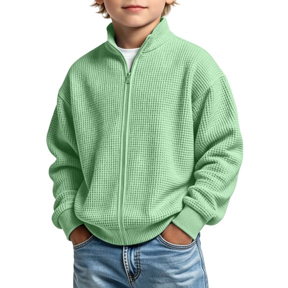 SERTGUTR Boys' Full Zip Jacket Waffle Knit Stand Collar Drop Shoulder Long Sleeve Ribbed Cuffs Hem Relaxed Fit Warm Top School Everyday Wear Outerwear